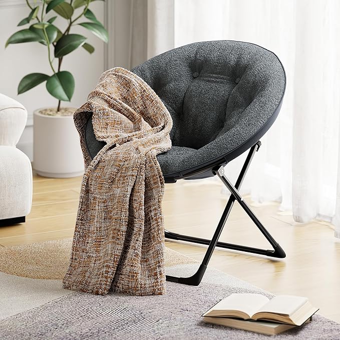 Comfy Saucer Chairs, Folding Reading Lounge Chair, Cozy Faux Fur Living Room Chair with Soft Thick Padded Seat & Metal Frame, Modern Style Bedroom Home for Kids Adults, X-Large, Gray