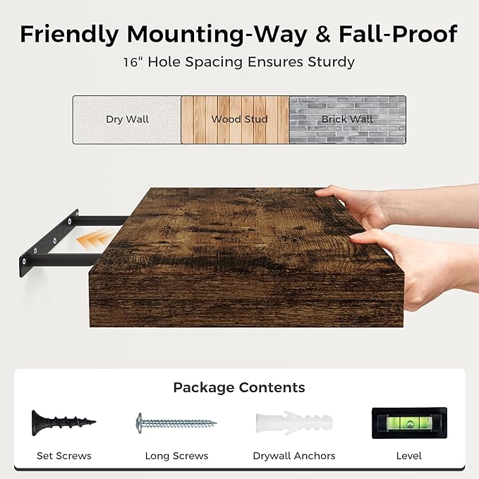 Floating Shelves 36 Inch Long, 12 Inch Deep Floating Shelves for Wall, 36 x 12 Shelves for Wall Storage & Display, 2" Thick Floating Shelf for Bathroom, Living Room, Rustic Brown Color, Set of 2
