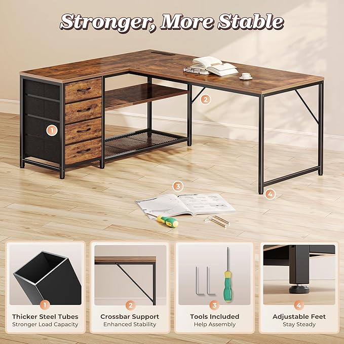 PRAISUN 53" L Shaped Desk with Power Outlets and USB-C Port, Reversible Computer Corner Office Desk with 4 Fabric Drawers and 2 Height-Adjustable Shelves, Large for Gaming Writing Study, Rustic Brown