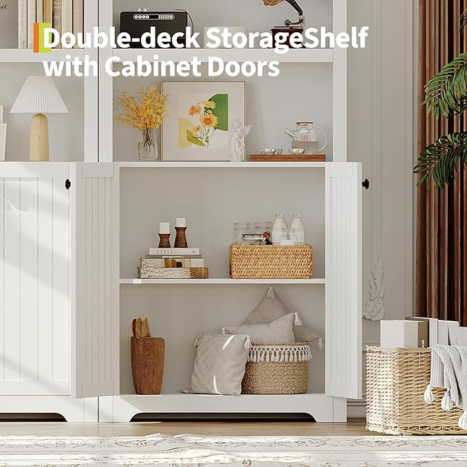 GAOMON 72'' Tall Arched Cabinet, 5 Tier Arched Bookshelf with Double Doors & Adjustable Shelf, Wooden Bookcase with Storage for Living Room, Bedroom, Study, Kitchen, Home Office, White