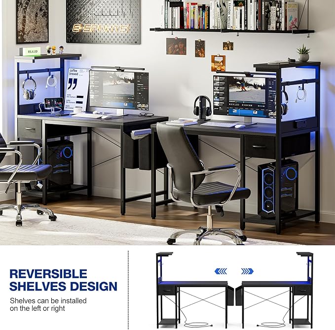 Gaming Desk 40 Inch with Power Outlet and LED Light, Computer Desk with Reversible Shelves and Storage Drawer, Pc Small Desk for Home Office Table with Bag, Carbon Fiber Black