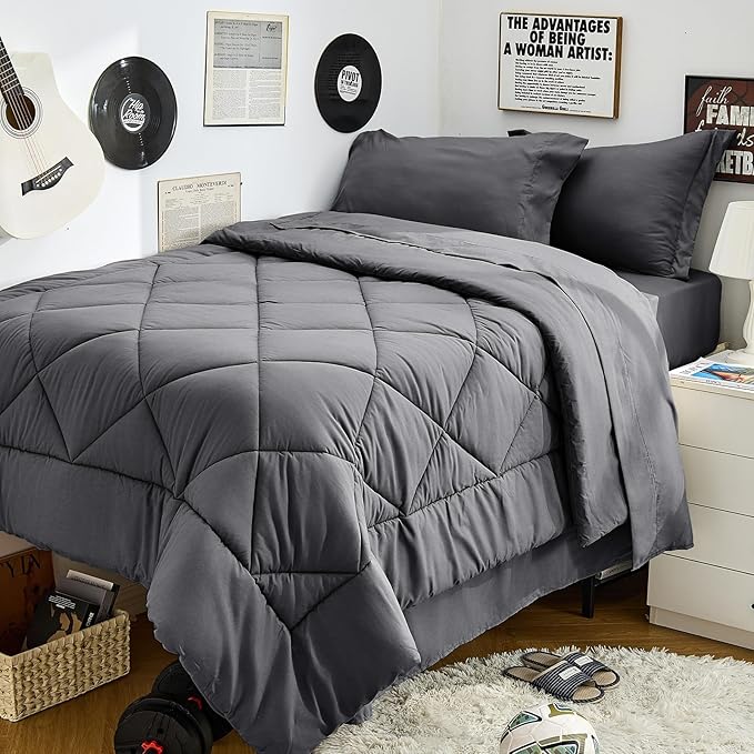 HEVUMYI Twin Comforter Set - 5-Piece All Season Bed in a Bag Twin, Ultra Soft Bedding Set with Comforter, Flat Sheet, Fitted Sheet, Pillowcases, Pillow Shams, Dark Grey