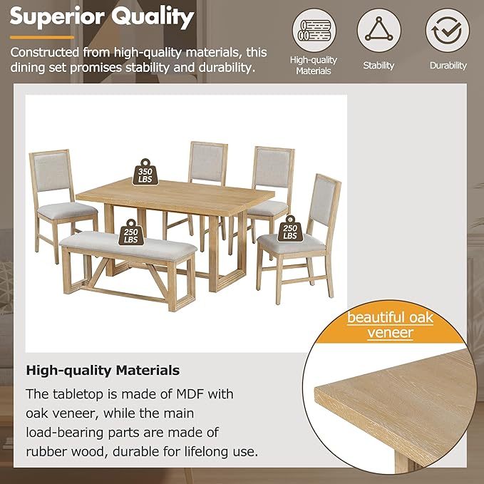 Merax Farmhouse Wood 6-Piece Dining Set, 59.6 inch Rectangular Table, 4 Upholstered Chairs and 1 Bench for Kitchen, Natural
