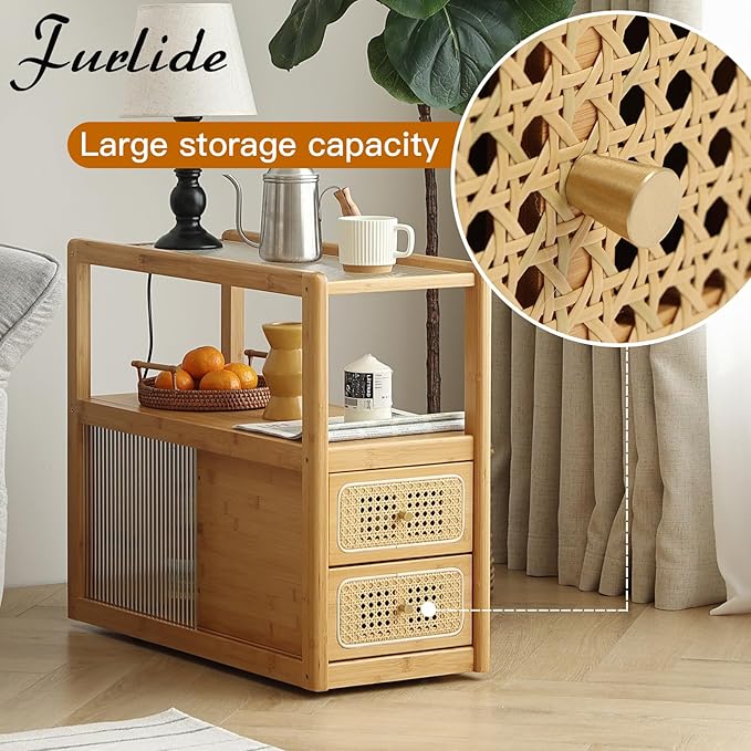 Rattan Nightstand Side Table with Storage, Bamboo Nightstand Bedside Table, Glass Mid Century Modern End Tables for Small Spaces, Living Room, Bedroom，Wood