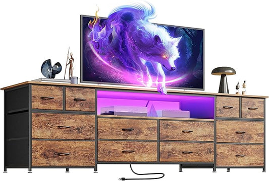 Huuger 70.9 Inch Dresser TV Stand with LED Lights, Power Outlets and USB-C Port, 12 Fabric Drawer Dresser for Bedroom, Wide Entertainment Center for 75, 80 Inch TV, Open Shelf, Rustic Brown