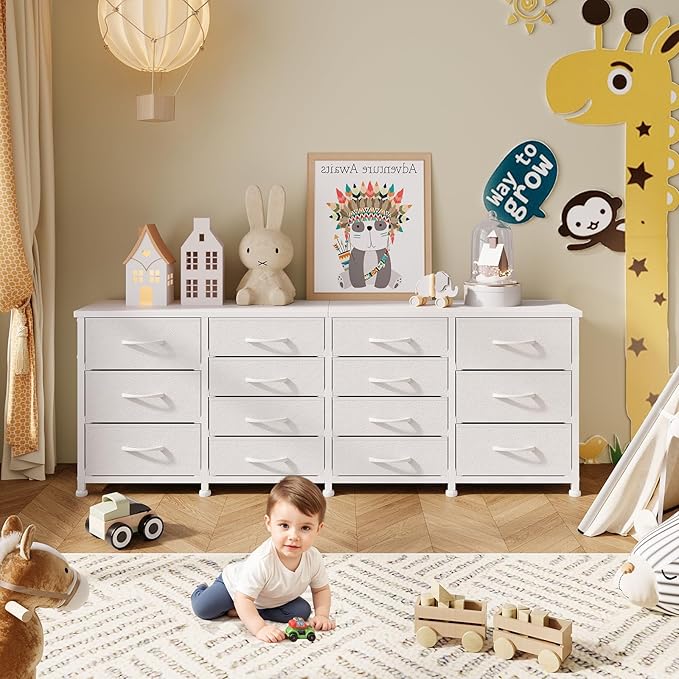 63 Inch TV Stand Dresser for Bedroom, Long White Dresser with 14 Fabric Drawers for 65 70 75 Inch TV, Entertainment Center with Storage Media TV Console Table