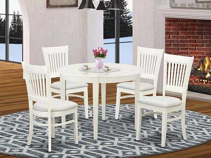 East West Furniture BOVA5-LWH-C 5 Piece Dinette Set for 4 Includes a Round Kitchen Table and 4 Linen Fabric Upholstered Dining Chairs, 42x42 Inch, Linen White