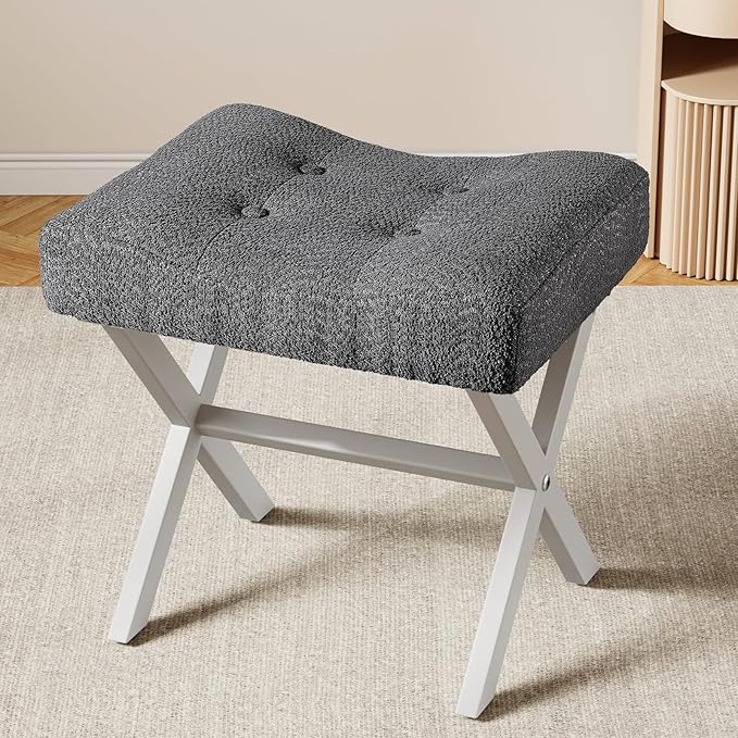 18-Inch Large Vanity Stool Chair, Vanity Bench with Metal X-Legs, Ottoman Foot Stool with Breathable and Soft Boucle Fabric Saddle Seat, Grey