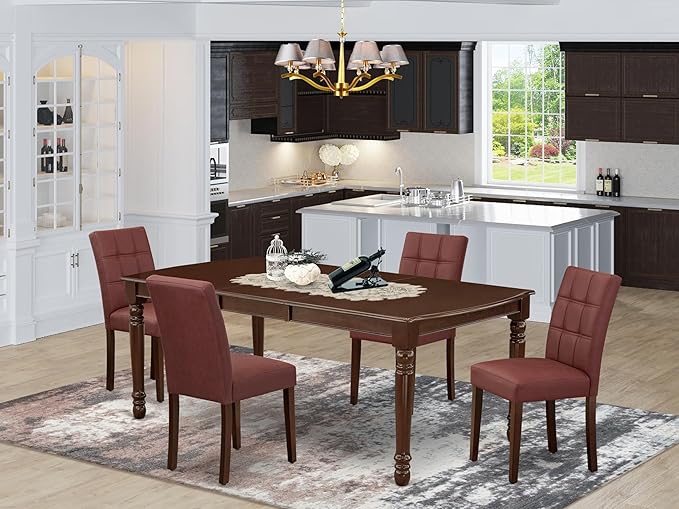 East West Furniture DOAS5-MAH-26 5 Piece Dining Room Table Set Includes A Kitchen Table and 4 Burgundy Polyester Fabric Padded Chairs, Mahogany