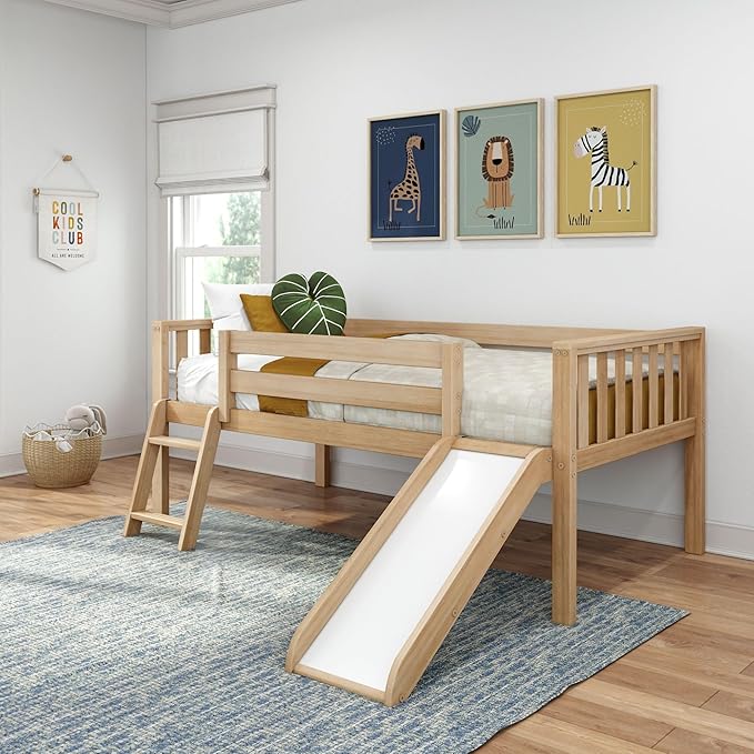 Max & Lily Twin Ultra Low Loft Bed with Slide and Climbing Ladder, Solid Wood Bed for Kids, Space Saving Design for Small Rooms, Twin Size Loft Bed with 14 Inch Guardrails, Anti Slip Steps, Blonde