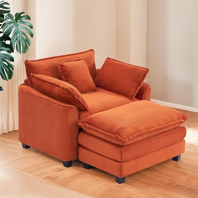Furniliving Oversized Accent Chair with Ottoman, Luxury Corduroy Single Sofa, Upholstered Deep Seat Chaise Lounge with Pillows for Living Room, Bedroom, Apartment, Orange