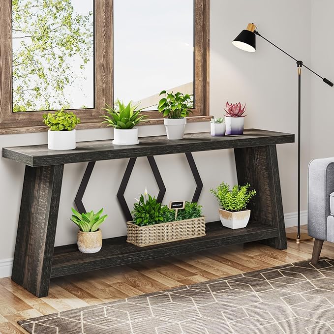 Tribesigns 70.86-Inch Long Sofa Table for Living Room, 2-Tier Narrow Console Table with Storage, Wood Foyer Entryway Couch Table for Hallway, Entrance (Dark Gray)