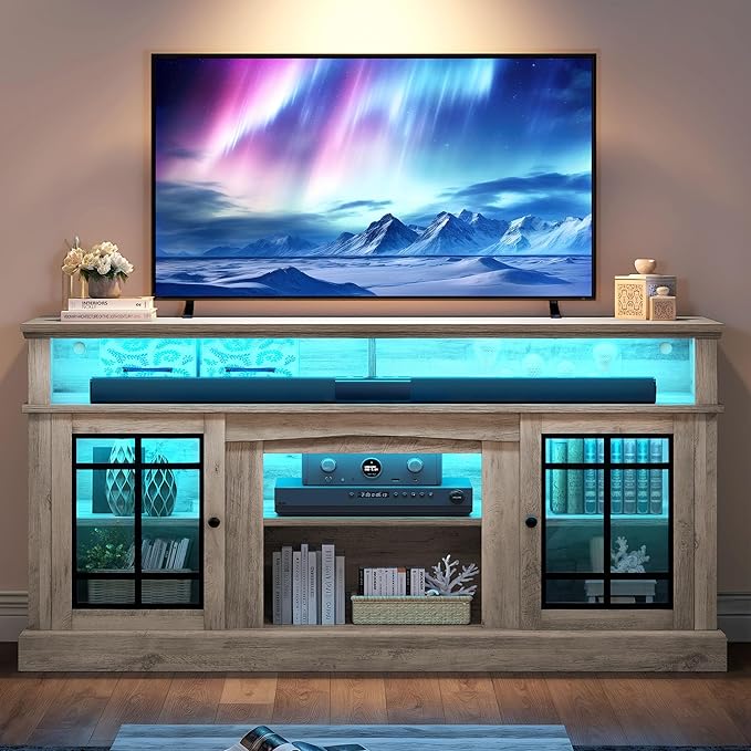 YITAHOME Modern TV Stand for 75 Inch TV, LED Entertainment Center with Adjustable Shelves and Glass Doors, 32'' Tall Television Stands TV Media Console Table for Living Room, Pine Grey
