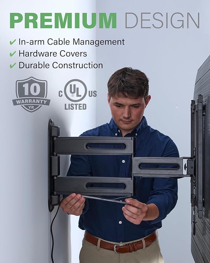 SANUS Height Adjustable Full Motion TV Wall Mount for 32” to 65” TVs – Raise or Lower TV 3” After Install – Maximizes Compatibility with Your Setup – 3 Step DIY w/Smooth Extension, Tilt & Swivel