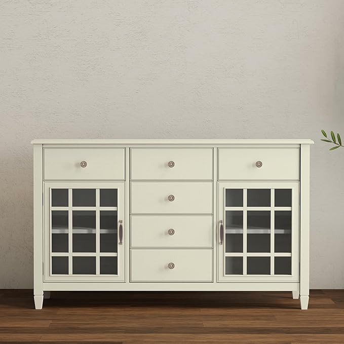 SIMPLIHOME Connaught Buffet - 60 inch Wide Solid Wood 3-Door Sideboard Buffet in Antique White, Traditional Storage Cabinet for Dining Room or Kitchen with Adjustable Shelves and Classic Molding