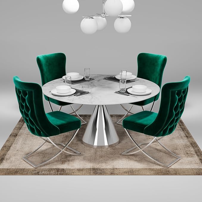 Ottomanson Royal Dining Chairs Set of 6 – Upholstered Tufted Microfiber, Assembled, Silver Metal Legs, Beech Wood Frame, 350 lb Capacity, Green
