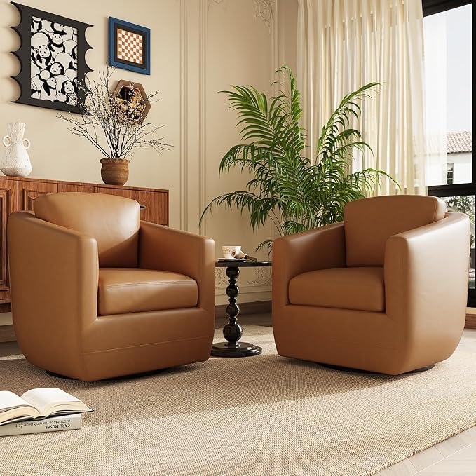 COLAMY 360° Swivel Accent Chair- Comfy Living Room Armchair No-Sag Foam & Sturdy Metal Base with Pillow, Fully Assembled Swivel Accent Single Sofa for Bedroom Living Room, Office, Brown