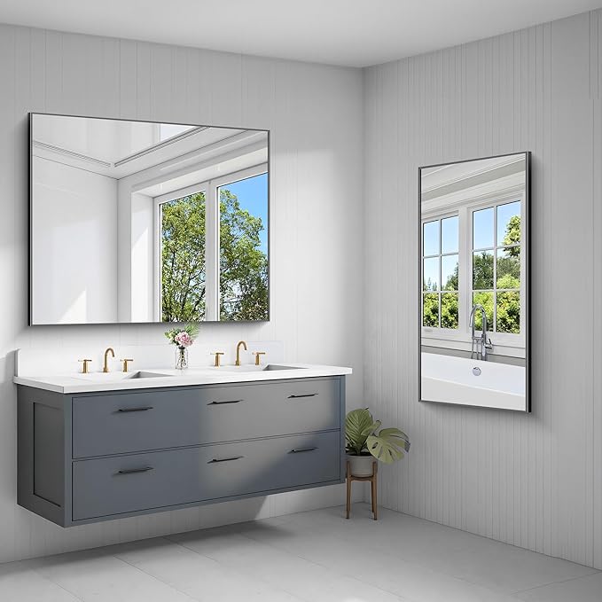 40x48 inch Large Black Bathroom Mirror, Black Rectangle Wall Mirror, Rectangle Mirror for Bathroom Over Sink, Frame Vanity Mirror for Entryway, Living Room, Bedroom, Hangs Horizontally or Vertically