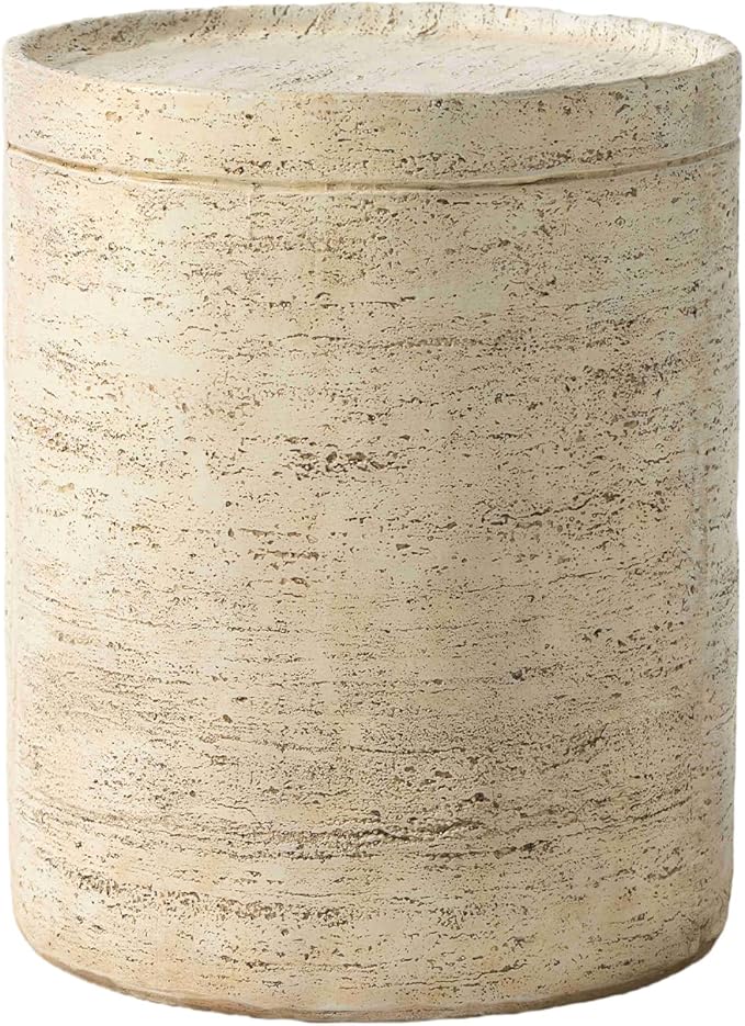 COSIEST Outdoor Side Table, Cylinder Shaped MgO Patio End Table, Lightweight Accent Table with Tray Top, Round Plant Stand Tool for Garden and Deck, Beige