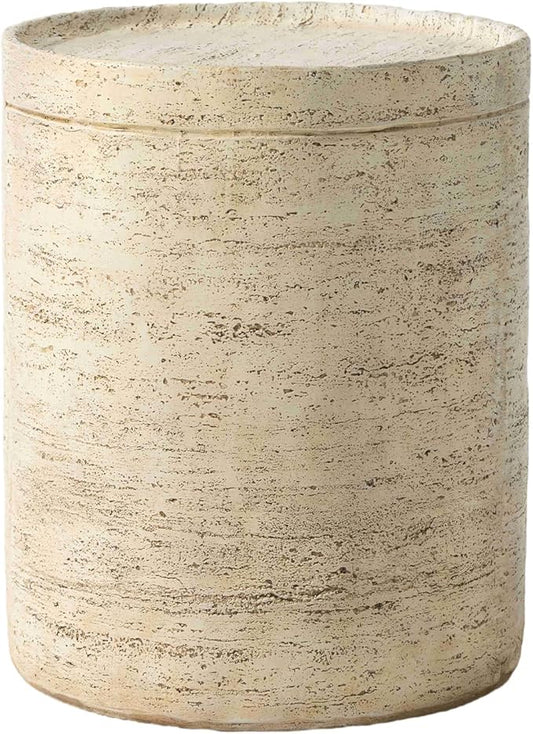 COSIEST Outdoor Side Table, Cylinder Shaped MgO Patio End Table, Lightweight Accent Table with Tray Top, Round Plant Stand Tool for Garden and Deck, Beige
