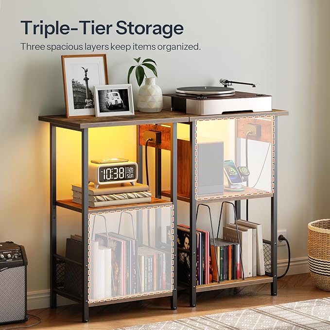 HOOBRO Record Player Stand with Charging Station and LED, Turntable Stand with Storage, 3 Tier End Table Hold Up to 100 Albums, Record Table for Vinyl, Living Room, Rustic Brown and Black BF06UDRS01