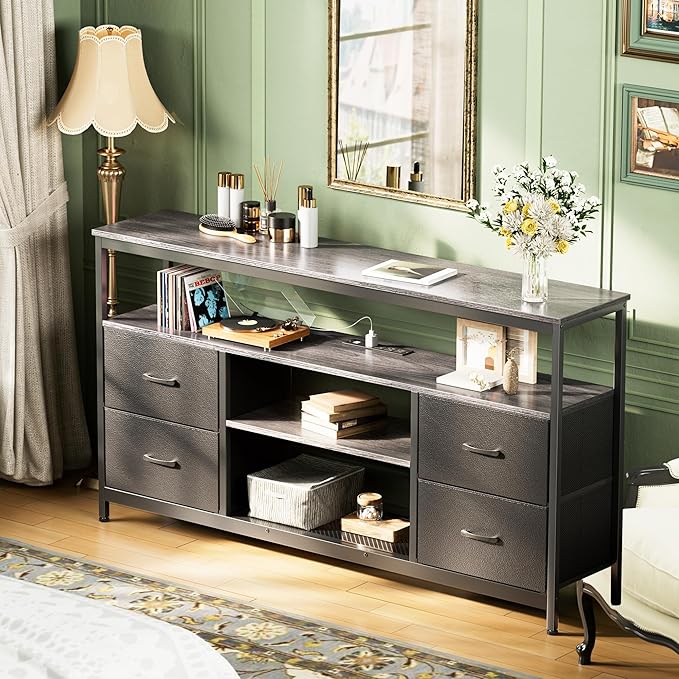 Huuger TV Stand Dresser with Power Outlets and LED Lights, 4 Drawers Entertainment Center with Shelves, 54in Media Console for 55 60 Inch TV, Dresser with PU Finish, Grey and Black