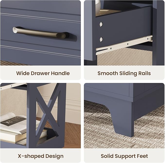 Tall Nightstand Set of 2 Side Table with 2 Drawers Modern Night Stand Wooden Rustic End Table Bedside Table with Below Open Shelf Solid Feet for Bedroom, Living Room, Navy Blue+Walnut