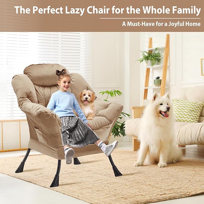 Lazy Chair Thick Padded, Comfy Velvet Accent Lounge Chair with Stable Frame, Leisure Sofa Armchair with Armrests and Side Pocket, Reading Chair for Bedroom, Living Room, Office, Khaki