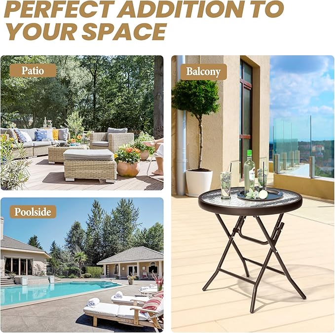 Foldable Patio Side Table Set of 2 with Tempered Glass Top 18" Folding Outdoor Side Tables Set of 2 Small Glass Patio End Tables for Porch Yard Balcony Deck Lawn Dining Garden (Brown)