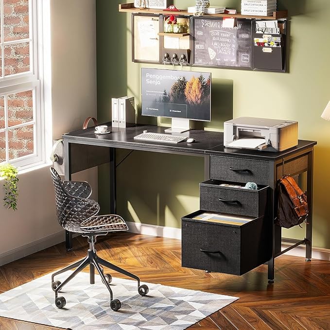 Casaottima 48" Small Computer Home Office Desk for Bedroom with Fabric Drawers & File Cabinet, Cloth Storage Bag and Hook, Writing Study Work Table for Small Space, Black