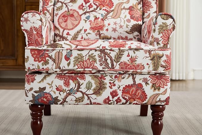 Ball & Cast Modern Accent Chair,Comfy Upholstered Armchair with Retro Wood Legs,Floral Design Single Sofa Chair,Living Room Furniture for Apartment,Bedroom,Office,Linen Fabric,Floral Red
