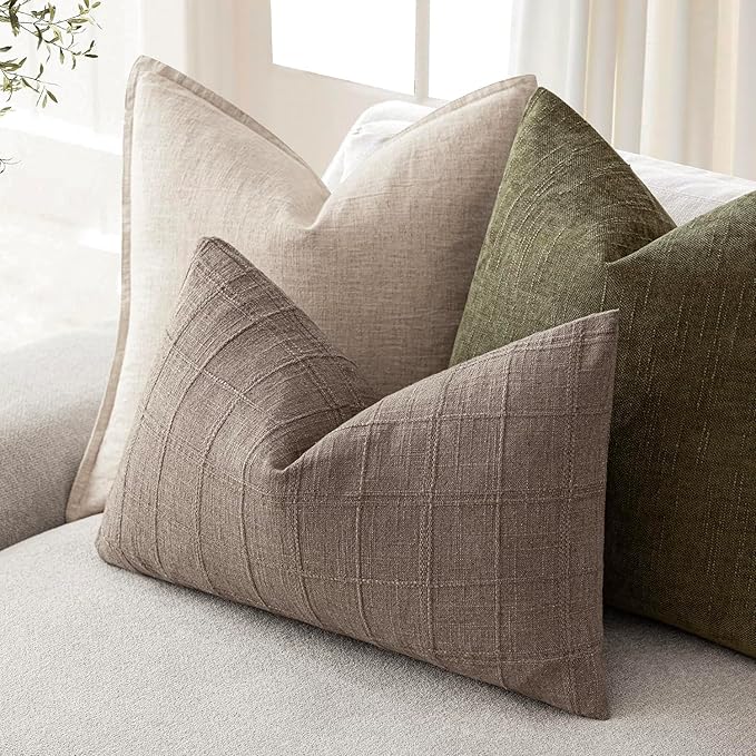 Foindtower Set of 2 Decorative Linen Check Throw Pillow Covers Neutral Farmhouse Lumbar Cushion Covers Modern Boho Home Decor for Sofa Chair Couch Bedroom Living Room Outdoor,12×20 Inch,Tan Taupe