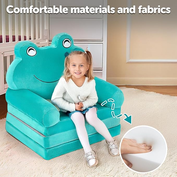 Kids Sofa Comfy, Adorable Animal Toddler Chair, Foldable Kids Couch with Removable Washable Cover, Soft & Breathable Fabric, No Assembly Needed, Foldable Baby Sofa(Green Frog)
