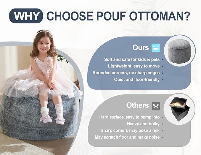 Boho Ottoman Living Room Furniture 20"x15" Large Round Ottomans Pouf Couch Foot Rest Grey Pouf Ottoman Foot Rest with Foam Chunk Filling Pouffe Ottomans Stuffed Foot Rest Poufs for Couch
