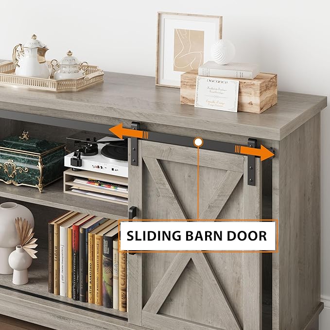 IDEALHOUSE Farmhouse Tv Stand for 65 Inches TVs, Entertainment Center with Storage and Sliding Barn Doors, Adjustable Shelf Modern Media TV Console TV Stand Table for Living Room, Bedroom, Grey