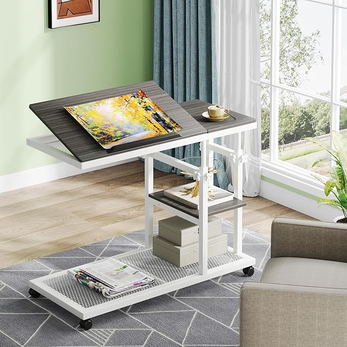 Tribesigns Height Adjustable C Table with Wheels, Mobile Couch Snack Side Table with Tiltable Drawing Board, Sofa Bedside Laptop Stand C Shaped TV Tray with Storage Shelves (Grey+White)