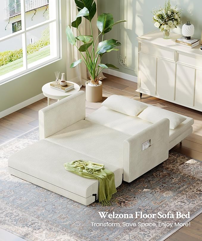 53” Convertible Sofa Bed Couch, Corduroy Couch Bed, 6-Position Loveseat Sleeper Sofa, Love Seat Sleeper Bed 23.6" Extra Deep Seat, Modern Couches for Living Room/Apartment/Home/Office, Beige