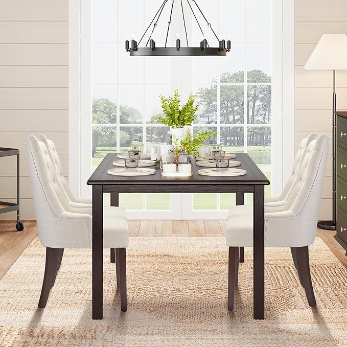 COLAMY 7-Piece Dining Table Set for 6, 60" Rectangular Kitchen Wood Table with 6 Wingback Dining Room Chairs, Brown/Beige