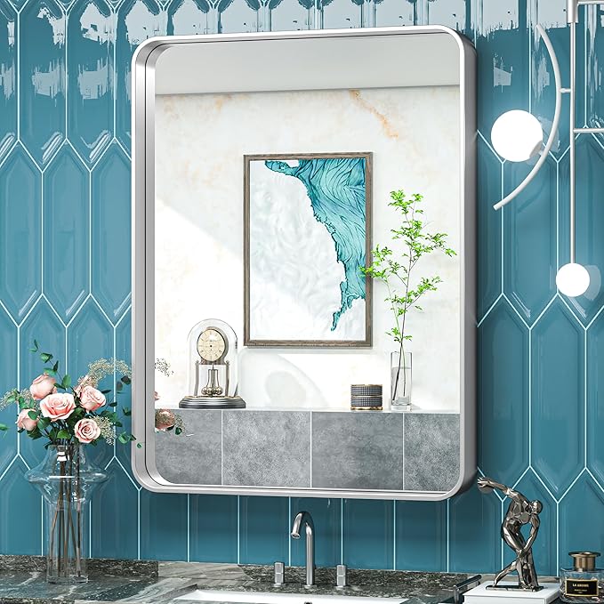 TokeShimi 28x36 Inch Brushed Silver Bathroom Vainty Mirror for Wall with Non-Rusting Aluminum Alloy Brushed Metal Frame for Modern Farmhouse Bedroom Living Room Decor (Horizontal/Vertical)