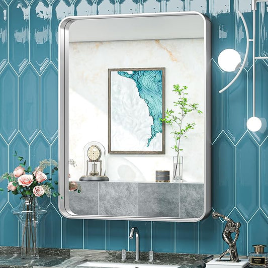 TokeShimi 28x36 Inch Brushed Silver Bathroom Vainty Mirror for Wall with Non-Rusting Aluminum Alloy Brushed Metal Frame for Modern Farmhouse Bedroom Living Room Decor (Horizontal/Vertical)