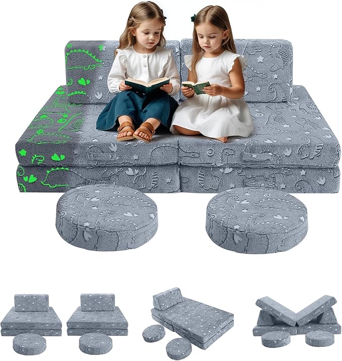 MeMoreCool 8-Piece Kids Modular Play Couch — Glow-in-The-Dark Dinosaur Foam Sofa Set for Toddlers, Convertible Fort Building Furniture with Washable Covers, Playroom Climbing & Creative Play Sofa