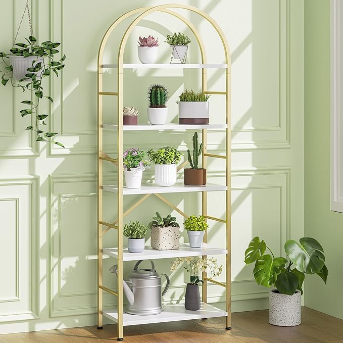Shintenchi Bookshelf, Arched Bookshelf 5 Tier Bookcase Shelf for CDs/Books, Home Office Bookcase Shelf Storage Organizer, Modern Book Shelf for Bedroom/Living Room, Gold