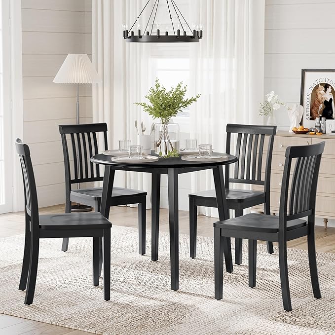 COLAMY Wooden Dining Chairs Set of 4, Solid Rubberwood Kitchen & Dining Room Chairs, High Spindle Back Windsor Style, Modern Dining Table Chairs, Non-Slip Foot Pads, Minimalist Home Furniture,Black
