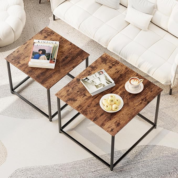Garden 4 you Coffee Table Set of 2, Modern Engineered Wood Nesting Table, Metal Frame Square Center Table Set, Side Tables, Nesting Coffee Table for Living Room, Bedroom and Small Spaces, 23.6in Brown
