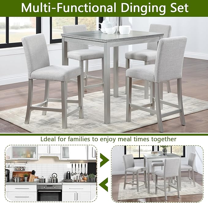 KEIKI 5-Piece Counter Height Dining Table Set with Square Table and 4 Upholstered Chair, for 4 Person, Classic Crystal Decoration Wooden Table Set, Easy Assembly, for Kitchen, Dining Room, Silver Grey