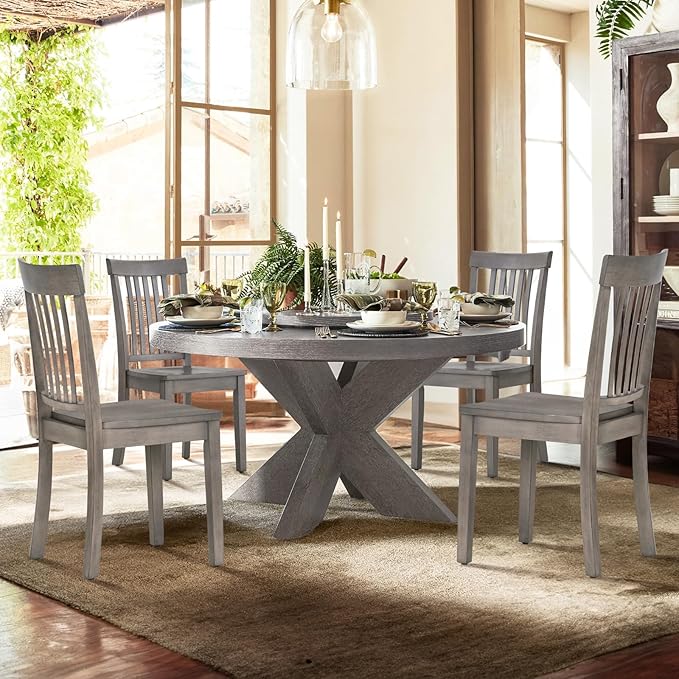 COLAMY Wooden Dining Room Chairs Set of 4, Spindle High Back Windsor Kitchen Side Chair, Farmhouse Dining Chairs for Kitchen, Dining Room, Light Grey