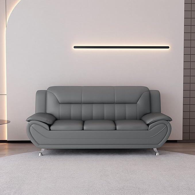 Container Furniture Direct Michael Modern Faux Leather Upholstered Stainless Steel Legs Living Room Sofa, Loveseat, Gray