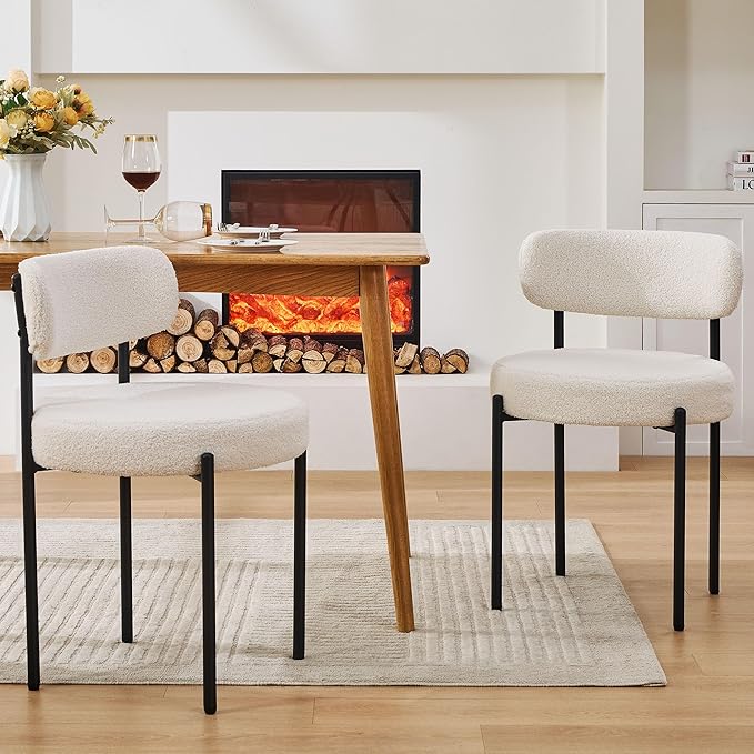 Dining Chairs Set of 6, White Boucle Dining Chair, Curved Backrest Upholstered Dining Room Chairs with Black Metal Legs, Mid Century Modern Dining Chairs for Kitchen, Living Room, White