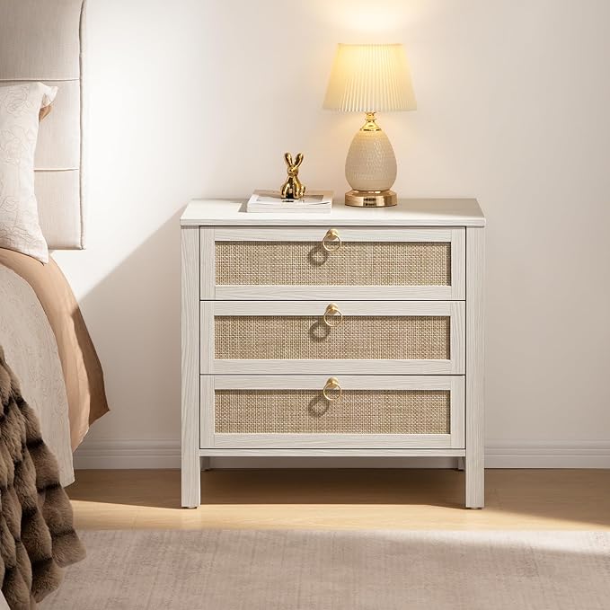 SICOTAS White Night Stand with Drawers - Large Rattan Bedside Table with Golden Handle, 3 Drawers Nightstand Tall End Table Side Table Boho Nightstand for Bedroom