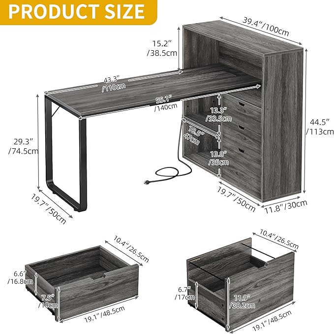 DWVO L Shaped Desk with Drawers, 55" Corner Computer Desk with Bookshelf & Power Outlets & LED Lights, Home Office Desk with Storage Shelves, Grey